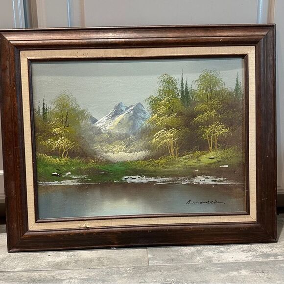 Vintage Landscape Oil Painting Signed | Mountain & Lake Scene Rustic Cabin Decor - Picture 1 of 13